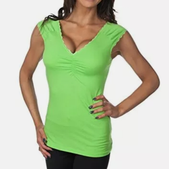 Neon green v-neck low cut summer short sleeve shirt top color story - Picture 1 of 3
